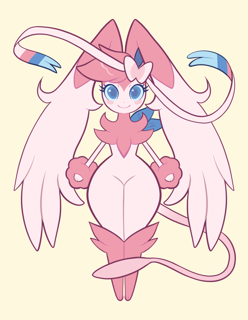 1girl animal_ears animal_hands barefoot blue_eyes blush_stickers bunseason closed_mouth female_focus full_body furry furry_female fusion gen_1_pokemon gen_4_pokemon gen_6_pokemon happy legendary_pokemon legs_together looking_at_viewer lopunny mew_(pokemon) mythical_pokemon nintendo nude pink_hair pokemon pokemon_(creature) rabbit_ears shaymin short_hair simple_background smile solo standing swept_bangs sylveon tail wide_hips yellow_background