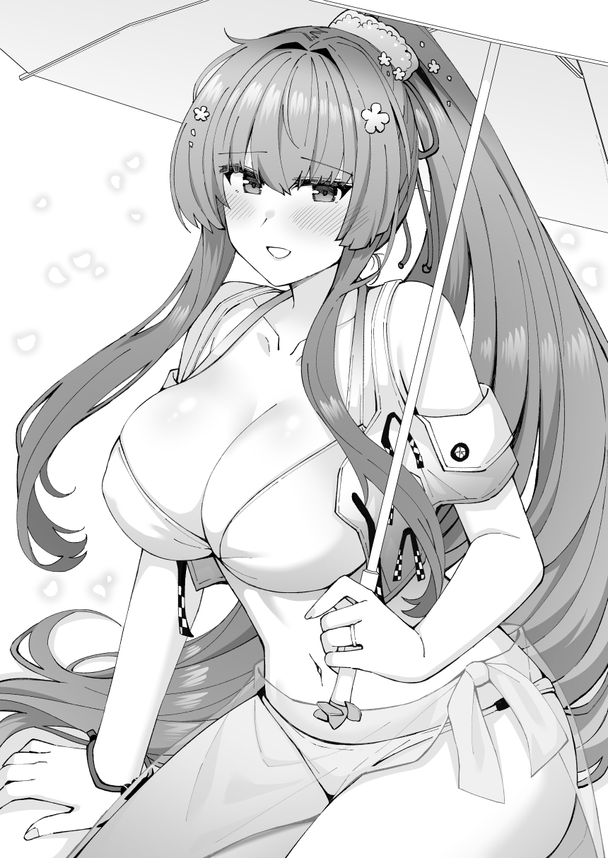 1girl bikini blush bracelet breasts cleavage commentary_request flower greyscale hair_between_eyes hair_flower hair_ornament hair_ribbon highres holding holding_umbrella jewelry kantai_collection large_breasts long_hair looking_at_viewer monochrome petals ponytail ribbon rui_shi_(rayze_ray) sarong sidelocks simple_background sitting solo swimsuit umbrella very_long_hair yamato_(kancolle) yamato_kai_ni_(kancolle) yamato_kai_ni_(swimsuit)_(kancolle)
