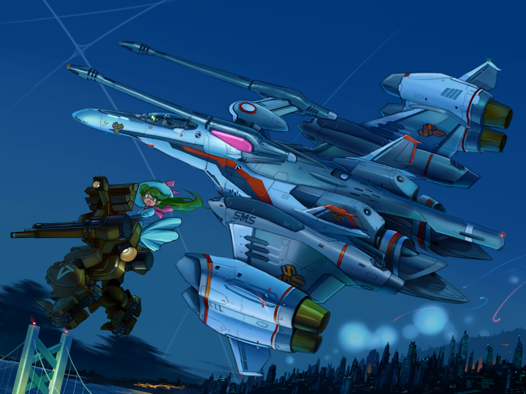 1boy 1girl aircraft airplane alien angry battle bridge building cannon cheyenne_ii city cloud cockpit contrail couple dome dress ex-gear explosion flying giant giantess green_hair gun hat helmet hetero inui&#039;s_meltran inui_(jt1116) island_1 jet long_hair machine_gun macross macross_frontier macross_frontier:_itsuwari_no_utahime mecha mecha_to_identify meltrandi night open_mouth outdoors pilot_suit pointy_ears power_suit riding robot s.m.s. saotome_alto science_fiction shouting sky spacecraft vajra_(macross) vehicle_focus vf-25 weapon zentradi