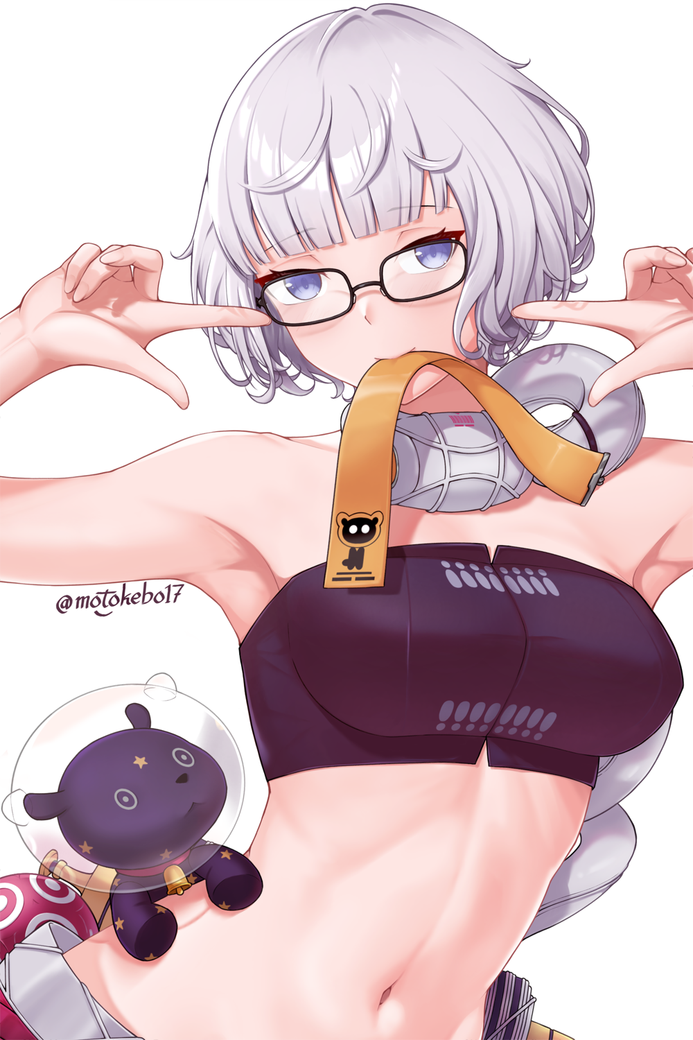 1girl armpits baphomet_(fate) bare_shoulders blue_eyes breasts detached_collar double_v fate/grand_order fate_(series) glasses grey_hair grey_pants highres jacques_de_molay_(foreigner)_(fate) lamb large_breasts looking_at_viewer motokebo17 mouth_hold navel pants sheep short_hair smile strapless tube_top v