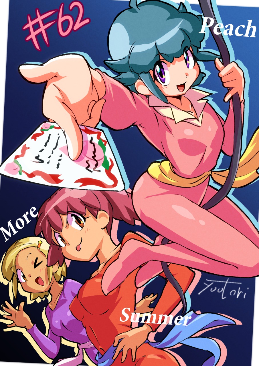 &gt;_o 3girls angol_mois between_fingers blonde_hair bodysuit brown_hair collarbone highres hinata_natsumi holding keroro_gunsou looking_at_viewer multiple_girls nishizawa_momoka one_eye_closed open_mouth orange_bodysuit pink_bodysuit purple_bodysuit purple_eyes short_hair swinging_on_rope tongue tongue_out you_bird
