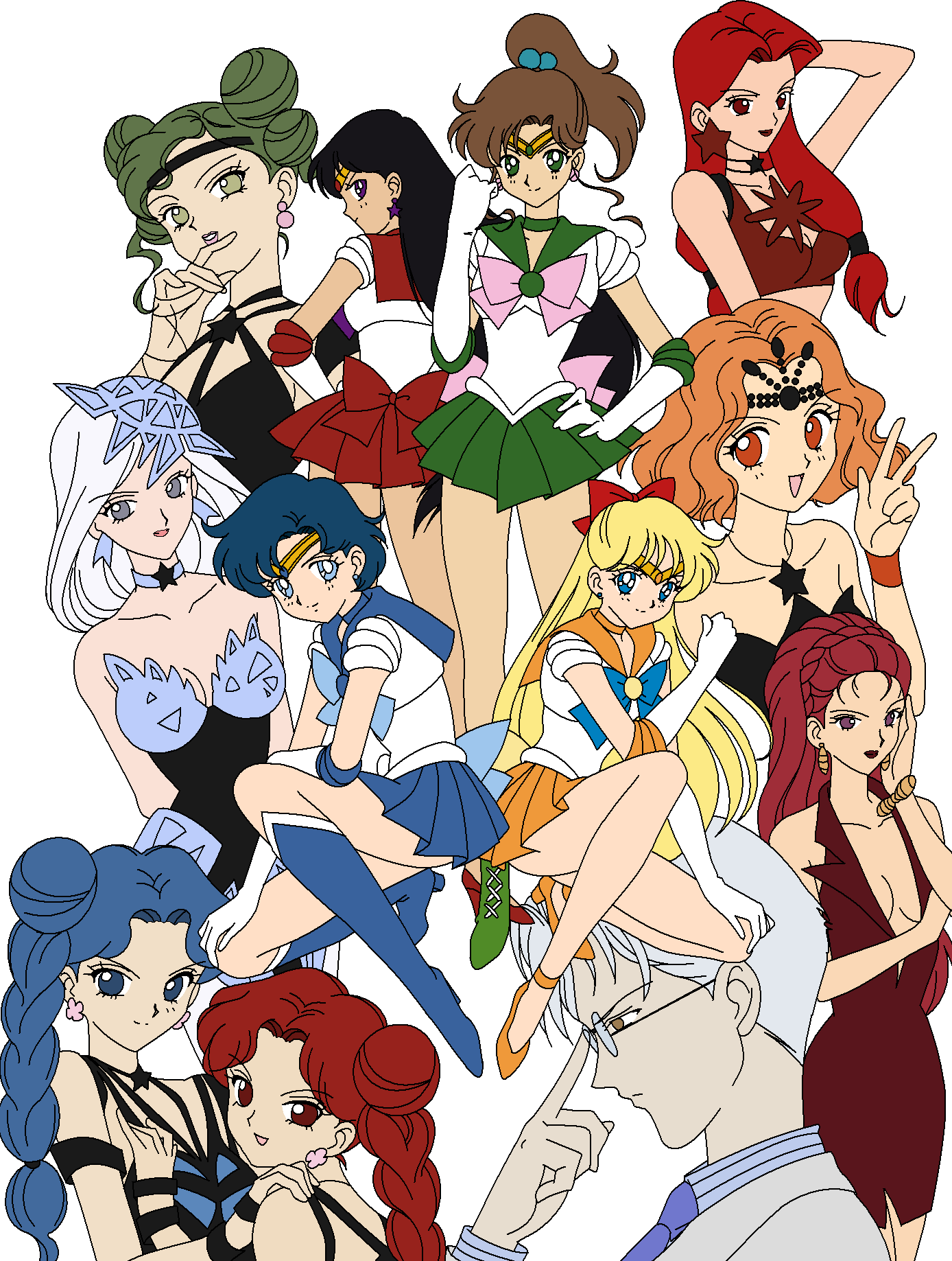1990s_(style) 1boy 6+girls aino_minako bishoujo_senshi_sailor_moon bishoujo_senshi_sailor_moon_s black_hair blonde_hair blue_eyes blue_hair breasts cleavage cyprine_(sailor_moon) dress earrings eudial_(sailor_moon) glasses grin high_heels highres hino_rei jewelry kaolinite_(sailor_moon) kino_makoto legs long_hair looking_at_viewer mimete_(sailor_moon) mizuno_ami multiple_girls orange_hair pixel_art ptilol_(sailor_moon) red_hair retro_artstyle sailor_jupiter sailor_mars sailor_mercury sailor_venus skirt smile tellu_(sailor_moon) tomoe_souichi twintails v viluy_(sailor_moon)