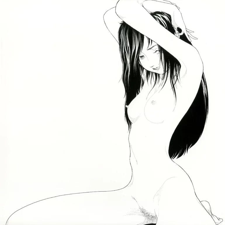 1girl album_cover armpits arms_behind_head artistic_nudity black_hair breasts cover long_hair medium_breasts midori_(band) monochrome nipples nude pubic_hair pussy solo white_background yamamoto_naoki