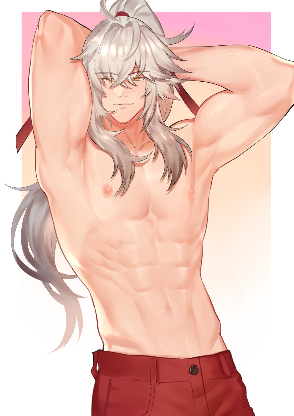 1boy abs arms_behind_head arms_up closed_mouth grey_hair high_ponytail highres honkai:_star_rail honkai_(series) jing_yuan long_hair male_focus mole mole_under_eye muscular muscular_male navel nipples pants ponytail red_pants solo stomach topless_male white_hair yellow_eyes zhineart
