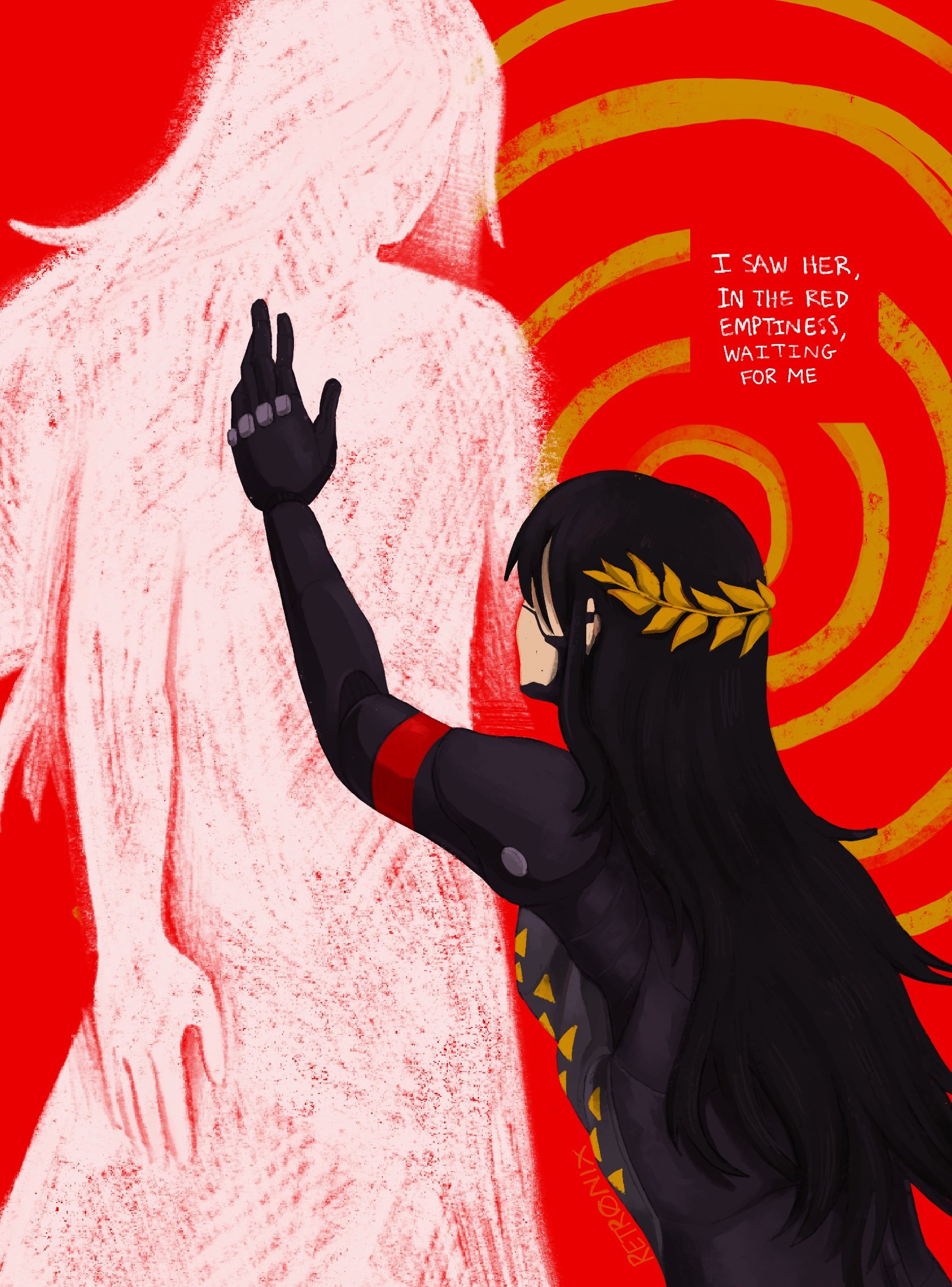 2girls android ariane_yeong black_hair commentary english_commentary english_text falke_(signalis) halo highres laurel_crown long_hair multiple_girls retr0nix signalis silhouette
