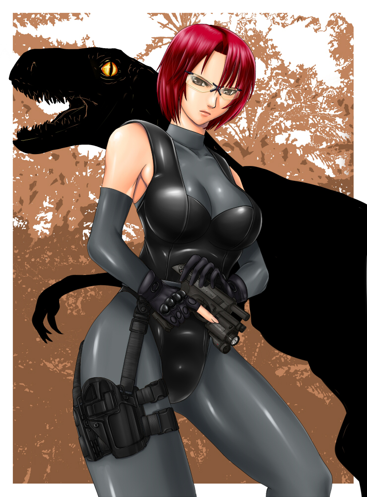 1girl bodysuit breasts capcom cleavage cocking_gun detached_sleeves dino_crisis dinosaur female_focus glasses gloves gun handgun holster judge_martin large_breasts pistol raptor red_hair regina_(dino_crisis) safety_glasses short_hair skin_tight solo thigh_holster tinted_eyewear trigger_discipline weapon yellow-tinted_eyewear