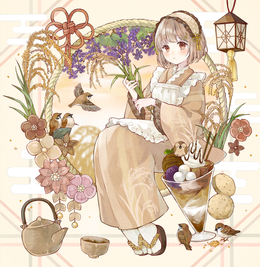1girl apron bird blush brown_background brown_eyes brown_flower brown_hair brown_kimono commentary_request cup flower flower_knot food frilled_apron frills fruit full_body grapes holding_wheat japanese_clothes kimono lantern long_sleeves looking_at_viewer maid original parfait parted_lips rope sandals seed short_hair simple_background sparrow tabi teacup teapot tententuyu wa_maid wheat white_apron wide_sleeves zouri
