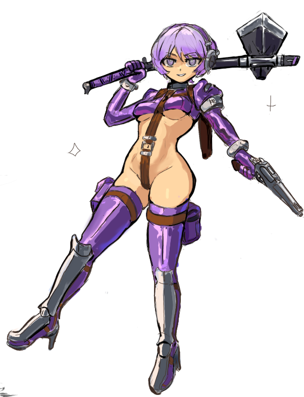 1girl armor axe beyond_citadel boots crop_top crotch_strap female_focus full_body gloves greaves gun high_heel_boots high_heels holding holding_axe holding_gun holding_weapon long_sleeves looking_at_viewer lunaticsoda martyr_(the_citadel) matching_hair/eyes navel purple_eyes purple_gloves purple_hair purple_shirt purple_sleeves purple_thighhighs shirt simple_background smile solo standing the_citadel thighhighs weapon white_background