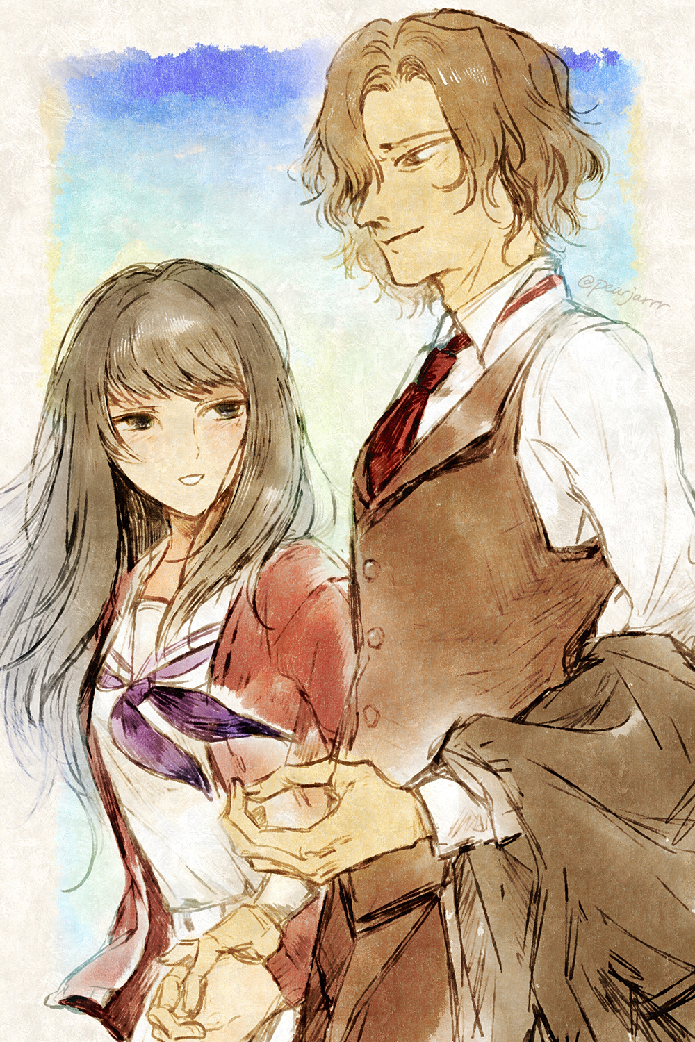 1boy 1girl black_eyes black_hair brown_eyes brown_hair brown_jacket highres holding holding_hands holding_jacket holding_unworn_clothes interlocked_fingers jacket kara_no_shoujo kuchiki_touko long_hair long_sleeves neckerchief necktie pearjarrr red_jacket school_uniform short_hair simple_background smile tokisaka_reiji unworn_jacket vest waistcoat watercolor_effect