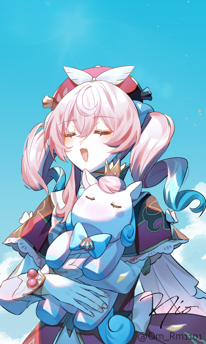 1girl animal aqua_hair blue_sky commentary_request dress hat highres holding holding_animal honkai:_star_rail honkai_(series) hyacine_(honkai:_star_rail) little_ica_(honkai:_star_rail) multicolored_hair om_rm1101 open_mouth pink_hair red_dress red_hat sky twintails twitter_username two-tone_hair