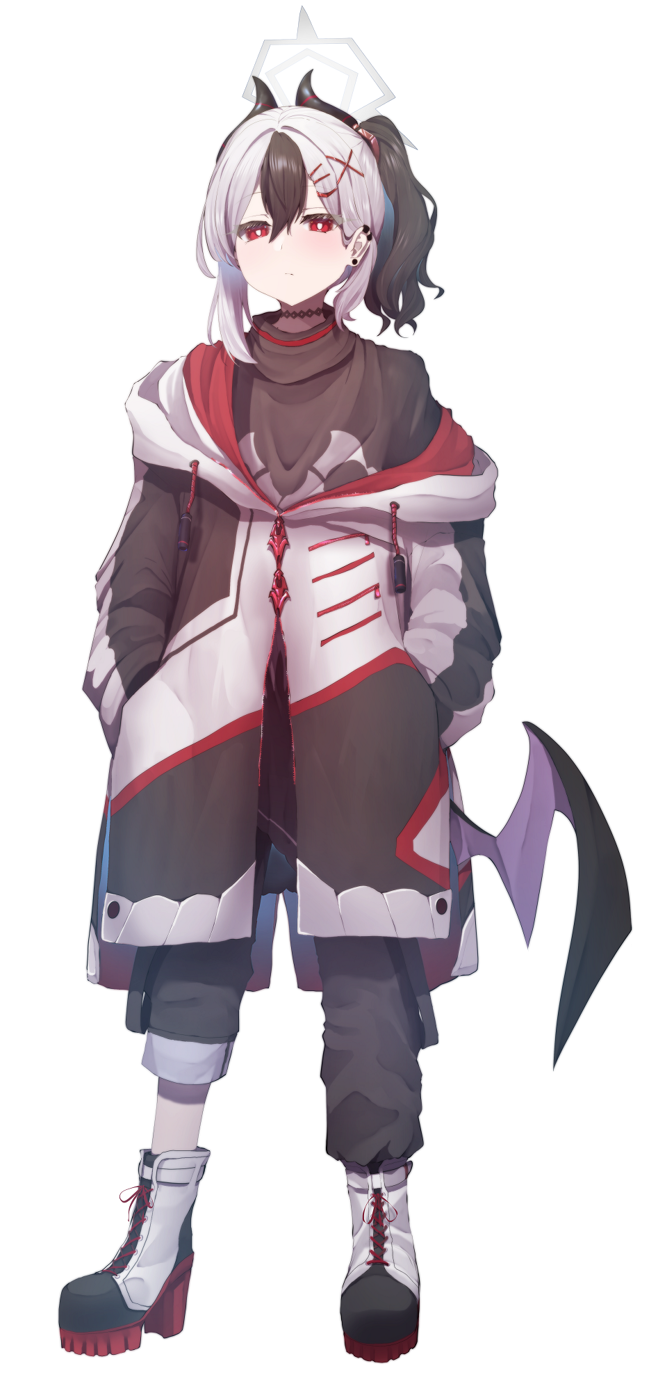 1girl alternate_costume alternate_hairstyle black_choker black_hair black_pants blue_archive choker coat commentary_request demon_girl demon_horns demon_wings hair_between_eyes hair_ornament hairclip halo hands_in_pockets high_heel_sneakers highres hood hooded_coat horns kayoko_(blue_archive) long_hair long_sleeves looking_at_viewer multicolored_coat multicolored_hair one_side_up pants red_eyes sakishimadara shirt sidelocks simple_background single_wing solo t-shirt two-tone_coat two-tone_hair white_background white_hair wings x_hair_ornament