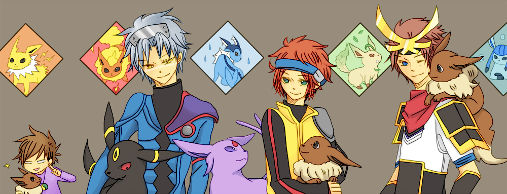 arm_up armor blue_eyes brown_hair chen_(1717) coat eevee espeon flareon fluffy gary_oak gen_1_pokemon gen_2_pokemon gen_4_pokemon glaceon green_eyes grey_background grey_hair hairband headdress hero_(pokemon_conquest) holding holding_pokemon jolteon leafeon michael_(pokemon) nintendo on_shoulder one_eye_closed pokemon pokemon_(anime) pokemon_(classic_anime) pokemon_(creature) pokemon_colosseum pokemon_conquest pokemon_on_shoulder pokemon_xd purple_shirt red_hair scarf shirt shoulder_armor smile swept_bangs tail umbreon vaporeon vest wes_(pokemon) wink yellow_eyes yellow_vest