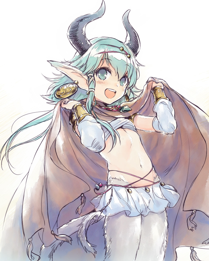 1girl :d aht animal_ears bad_id bad_pixiv_id blue_eyes bracelet brown_cloak cloak commentary detached_sleeves earrings flat_chest goat_horns goat_tail gold_bracelet green_hair hair_between_eyes hands_up horns jewelry large_earrings light_blush long_hair looking_at_viewer midriff miniskirt monster_girl navel necklace no_pupils open_mouth pointy_ears radiant_historia satyr sidelocks simple_background skirt smile solo teeth upper_teeth_only utsugi_(skydream) white_background