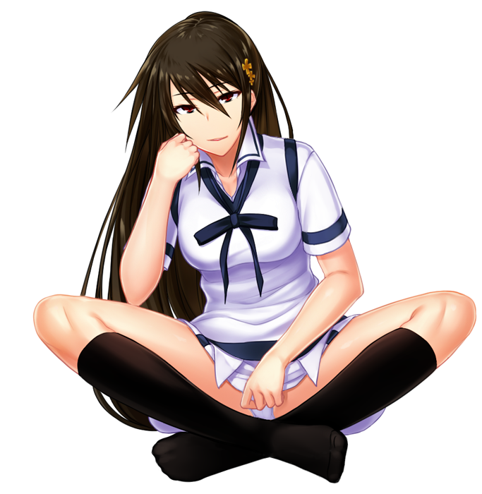 1girl black_socks blue_ribbon breasts brown_hair collared_shirt female_focus full_body hair_between_eyes hazakura_seiso ikki_(tue_sein_bestes) indian_style kneehighs long_hair looking_at_viewer maji_de_watashi_ni_koi_shinasai! medium_breasts miniskirt neck_ribbon panties red_eyes ribbon shirt short_sleeves simple_background sitting skirt socks solo underwear very_long_hair vest white_background white_panties white_shirt white_skirt white_vest wing_collar