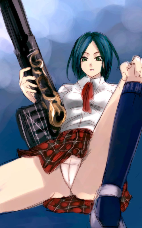 1girl alicia_(bullet_witch) aq_interactive bullet_witch cavia female_focus gun michael_f91 panties pantyshot skirt socks solo spread_legs underwear upskirt weapon