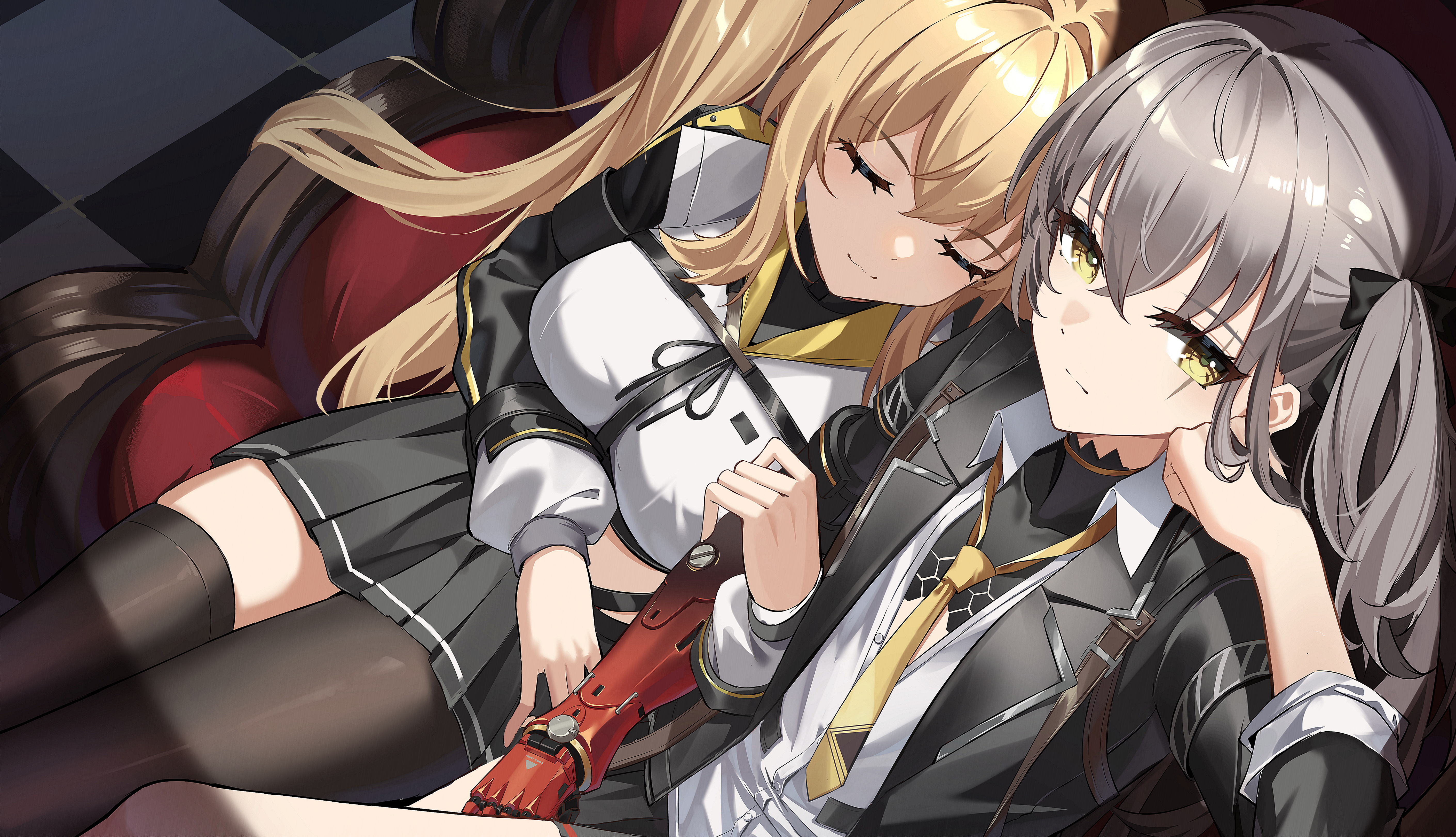 2girls absurdres black_jacket blonde_hair breasts character_request closed_eyes collared_shirt girls'_frontline hair_between_eyes hair_intakes highres holding_another's_arm iras17514 jacket large_breasts leva_(girls'_frontline_2) long_hair looking_at_viewer multiple_girls necktie one_eye_closed open_clothes prosthesis prosthetic_arm puffy_sleeves scar scar_across_eye scar_on_face shirt short_hair skirt smile ump45_(girls'_frontline) white_background white_shirt yellow_eyes yellow_necktie