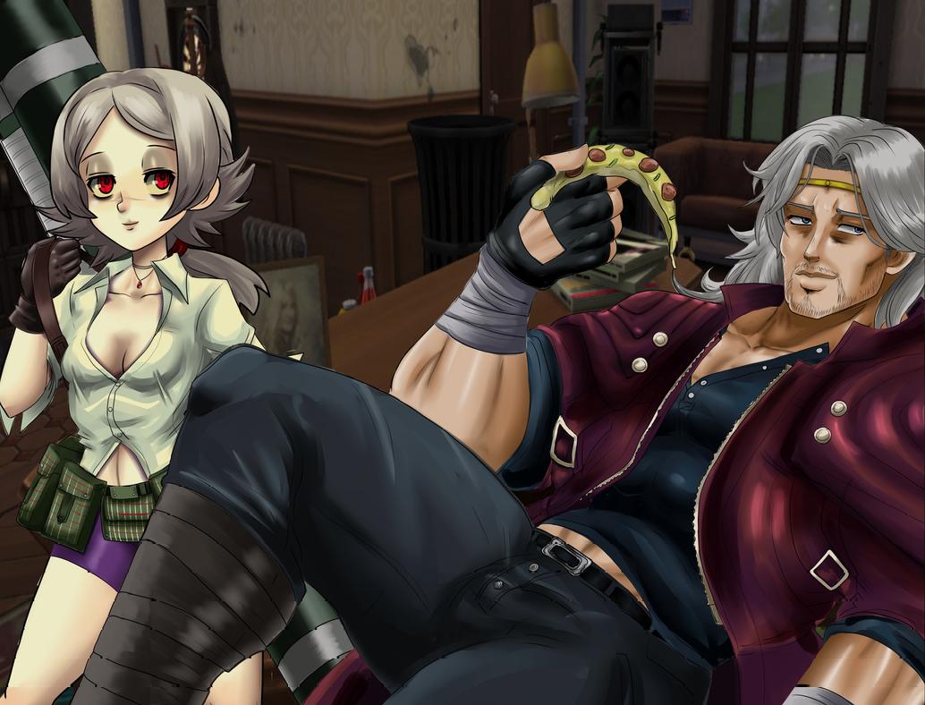 1boy 1girl belt_pouch bloody_marie_(skullgirls) blue_eyes circlet cosplay crossover dante_(devil_may_cry) dante_(devil_may_cry)_(cosplay) devil_may_cry_(series) facial_hair food grey_background hokuto_no_ken jacket jewelry lady_(devil_may_cry) lady_(devil_may_cry)_(cosplay) necklace photo_background pizza pizza_slice ponytail pouch red_eyes shorts sitting skullgirls smile stubble toki_(hokuto_no_ken) white_hair