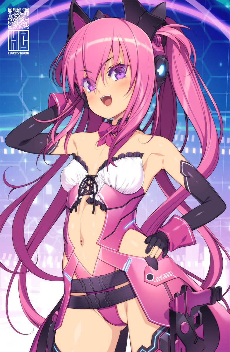 1girl armpits bemani black_gloves breasts elbow_gloves gloves grace_(sound_voltex) highres kinoshita_ichi long_hair looking_at_viewer navel pink_hair purple_eyes small_breasts smile solo sound_voltex twintails very_long_hair