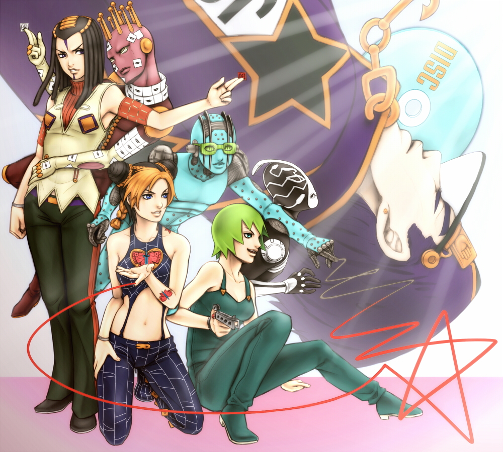 1boy 3girls double_bun ekuru_(pixiv618303) ermes_costello foo_fighters_(jojo) foo_fighters_(stand) hair_bun jojo_no_kimyou_na_bouken kiss_(stand) kuujou_jolyne kuujou_joutarou multicolored_hair multiple_girls stand_(jojo) stone_free stone_ocean