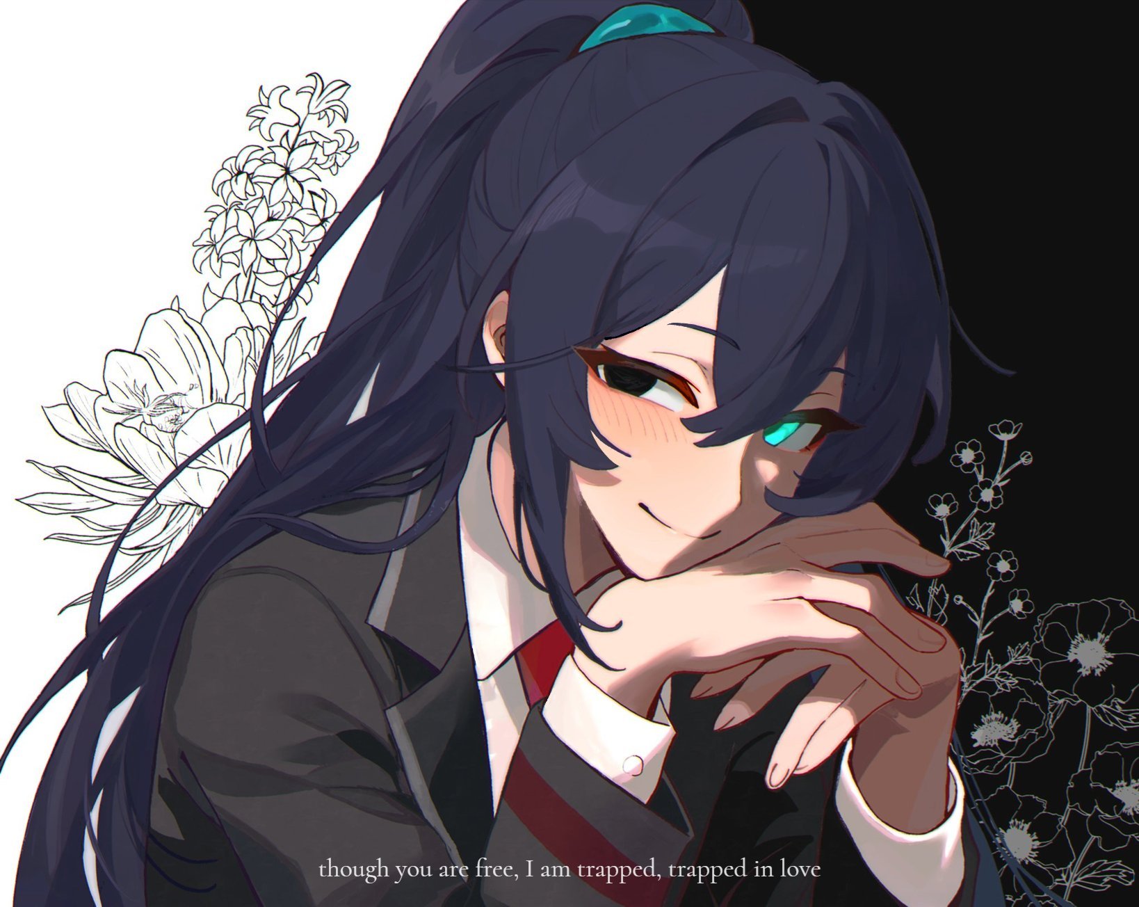 anemone_(flower) buttercup_(flower) epiphyllum eye_black flower hair_tie hands_under_chin heterochromia highres hong_lu_(project_moon) hyacinth lapels limbus_company looking_at_viewer necktie notched_lapels past_desiderium project_moon red_necktie sidelighting smile