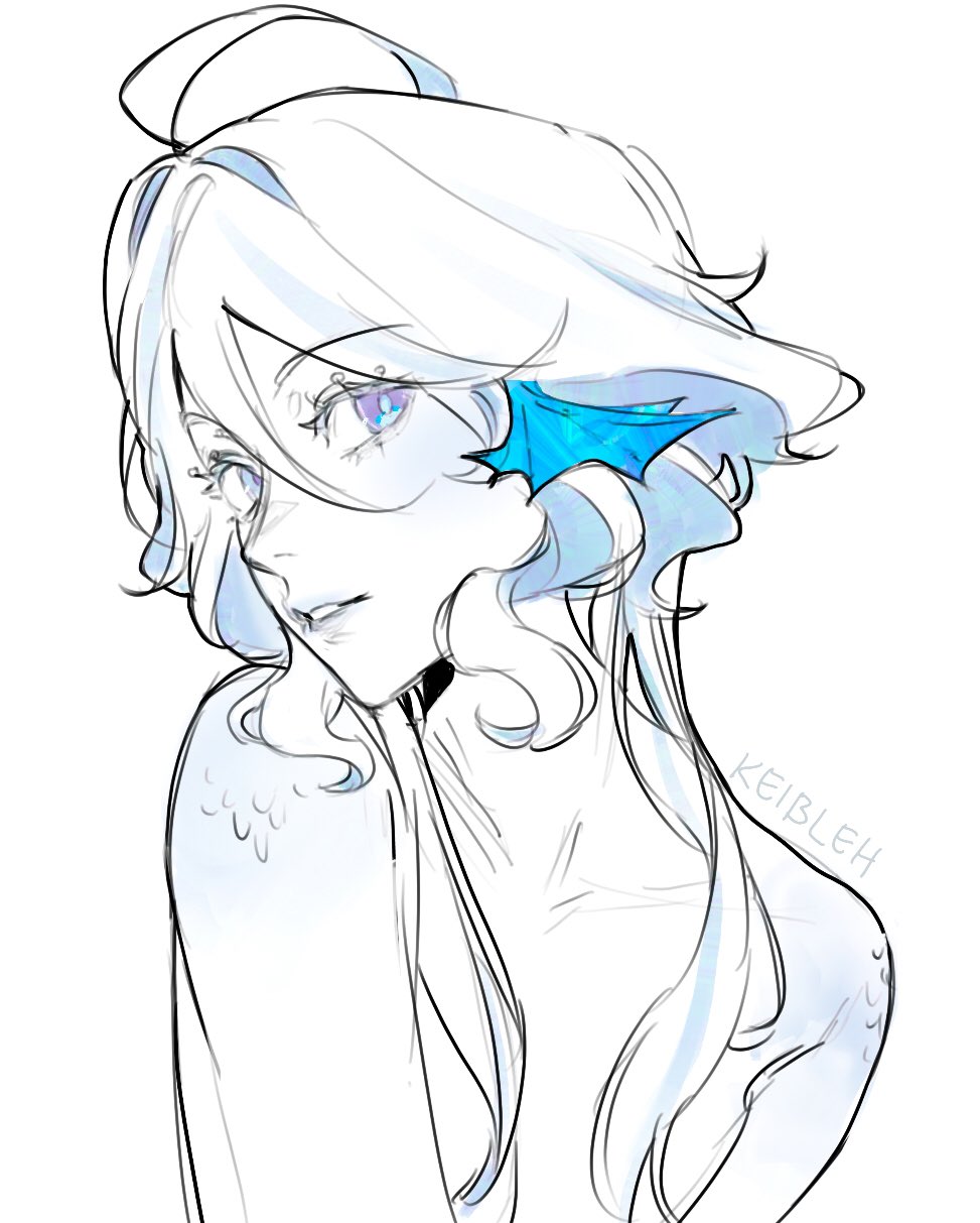 1girl ahoge fins furina_(genshin_impact) genshin_impact head_fins highres keibleh long_hair looking_at_viewer monster_girl purple_eyes scales sidelocks signature simple_background solo upper_body white_background
