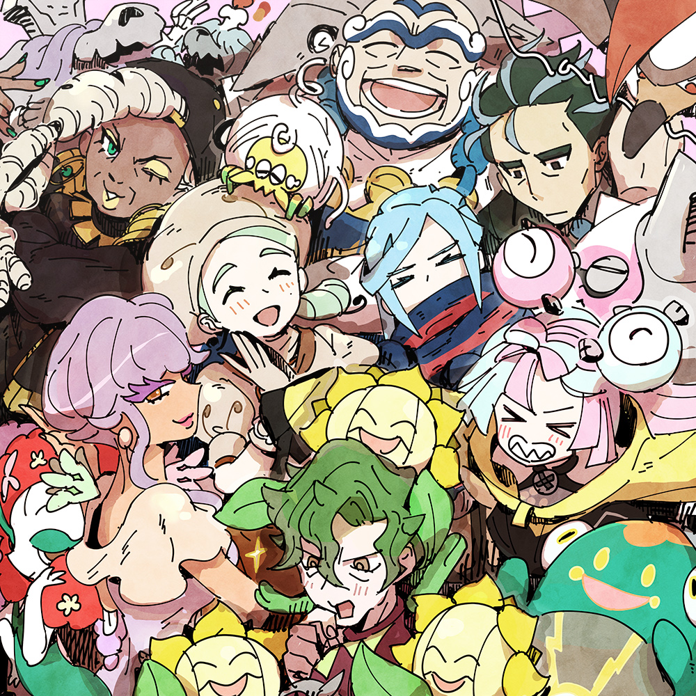&gt;_&lt; 4boys 4girls backwards_hat bald baseball_cap beard bellibolt black_hair blue_hair bow-shaped_hair brassius_(pokemon) brown_eyes brown_skirt cetoddle character_hair_ornament chef chef_hat closed_eyes dark-skinned_female dark_skin dreadlocks earrings eyeshadow facial_hair florges gen_2_pokemon gen_4_pokemon gen_6_pokemon greavard green_eyes green_hair green_nails grey_hair grusha_(pokemon) hair_ornament haruhashi hat houndstone iono_(pokemon) jacket jewelry katy_(pokemon) kofu_(pokemon) larry_(pokemon) lipstick long_hair low_side_ponytail makeup mole mole_on_cheek multicolored_hair multiple_boys multiple_girls nintendo open_mouth pink_hair pokemon pokemon_(creature) pokemon_sv purple_hair ryme_(pokemon) scarf sharp_teeth short_hair skirt smile staraptor streaked_hair striped_clothes striped_scarf sunflora tarountula teeth tulip_(pokemon) two-tone_hair two-tone_scarf unibrow veluza white_hair yellow_eyeshadow yellow_jacket yellow_lips