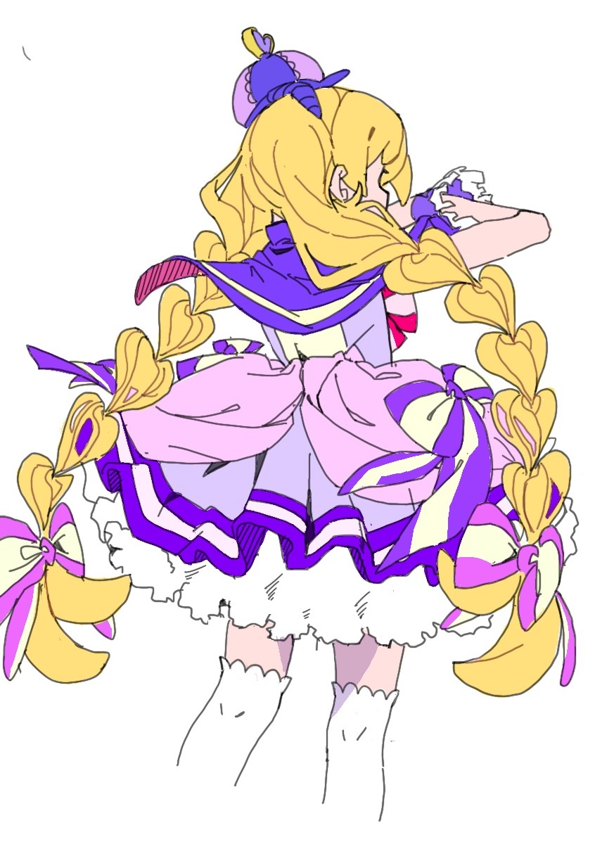 1girl blonde_hair bow braid capelet cropped_legs cure_friendy deerstalker dress from_behind hair_bow hat highres inukai_iroha long_hair pink_bow pleated_dress precure purple_capelet purple_dress ranirani simple_background sketch skirt solo standing striped_bow thighhighs twin_braids very_long_hair white_background white_skirt white_thighhighs wonderful_precure! wrist_cuffs