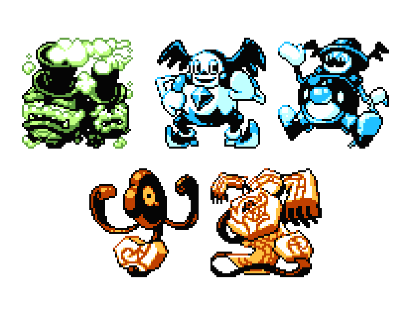 commentary creature english_commentary evolutionary_line full_body galarian_form galarian_mr._mime galarian_weezing galarian_yamask game_freak gen_8_pokemon mr._rime multiple_monochrome nintendo no_humans pat_attackerman pixel_art pokemon pokemon_(creature) runerigus simple_background smile standing white_background