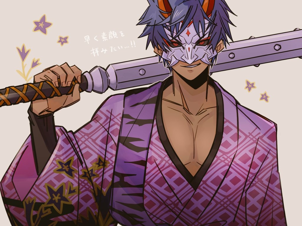 1boy club_(weapon) commentary_request dark-skinned_male dark_skin eye_mask hand_up holding holding_club holding_weapon horns japanese_clothes kai_(rune_factory) kana_(korigasa) kimono male_focus over_shoulder purple_kimono red_eyes red_horns rune_factory rune_factory:_guardians_of_azuma short_hair smile solo translation_request upper_body weapon weapon_over_shoulder