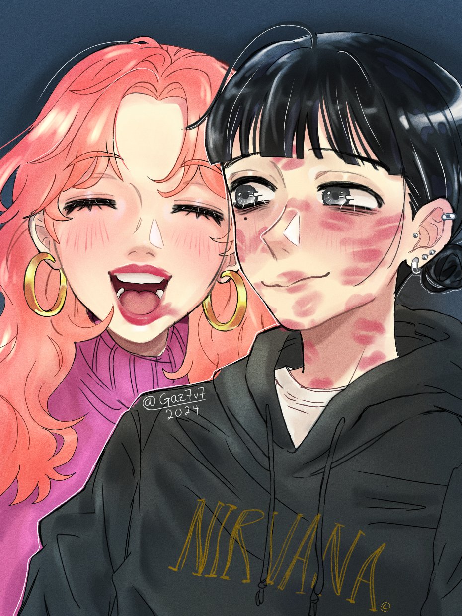 2girls :d artist_name black_hair black_hoodie blunt_bangs blush closed_eyes closed_mouth clothes_writing commentary couple dated ear_piercing earrings english_commentary gaz7v7 grey_eyes group_name hair_bun highres hood hood_down hoodie hoop_earrings jewelry kininatteru_hito_ga_otoko_ja_nakatta koga_mitsuki lipstick lipstick_mark lipstick_mark_on_cheek lipstick_mark_on_face lipstick_mark_on_forehead lipstick_mark_on_neck long_hair looking_at_another looking_to_the_side makeup mole mole_under_eye multiple_girls nirvana_(band) oosawa_aya open_mouth orange_hair parted_bangs photo-referenced piercing print_hoodie purple_sweater shirt short_hair single_hair_bun smeared_lipstick smile sweater twitter_username uneven_eyes upper_body wavy_hair white_shirt yuri
