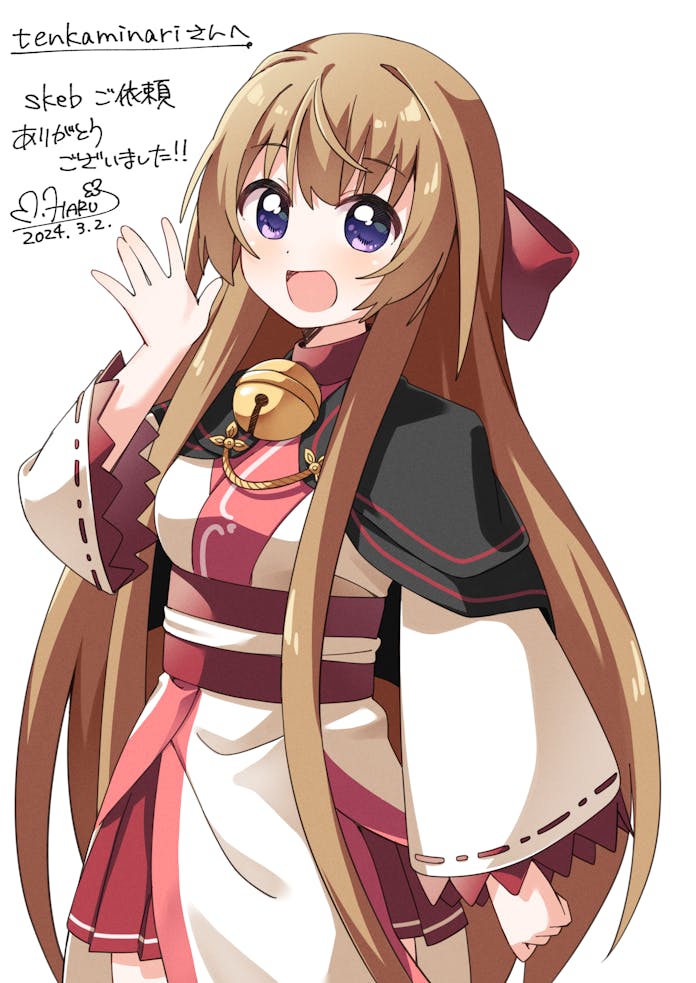 1girl :d \||/ bell black_capelet blush borrowed_character bow brown_hair capelet commentary_request commission cowboy_shot dated dot_nose hair_bow hand_up haru_(konomi_150) japanese_clothes jingle_bell kimono long_hair long_sleeves looking_at_viewer neck_bell open_mouth original pleated_skirt purple_eyes red_bow red_skirt ribbon-trimmed_sleeves ribbon_trim signature simple_background skeb_commission skirt smile solo very_long_hair white_background white_kimono wide_sleeves