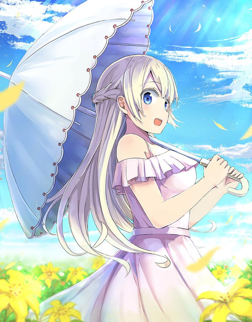10s 1girl :o arimoto asobi_asobase bad_id bad_pixiv_id bare_shoulders blonde_hair blue_eyes blue_sky braid cloud crown_braid day dress female_focus field flower flower_field holding holding_umbrella long_hair olivia_(asobi_asobase) outdoors over_shoulder parasol sky solo standing sunlight umbrella white_umbrella yellow_flower