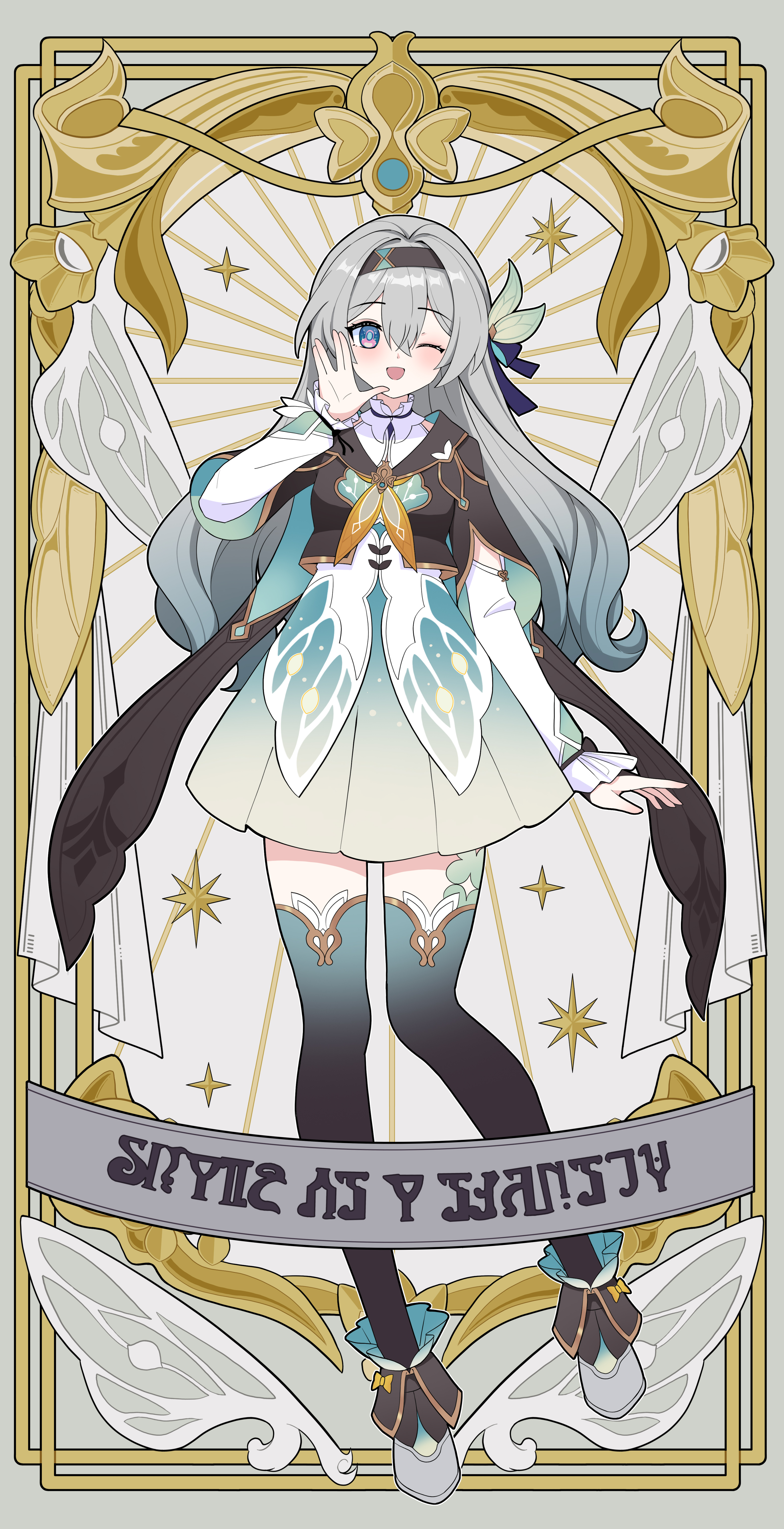 1girl absurdres aqua_skirt black_hairband black_jacket breasts cropped_jacket dress ff2074 firefly_(honkai:_star_rail) floating_hair grey_hair hair_between_eyes hairband highres honkai:_star_rail honkai_(series) jacket long_hair medium_breasts multicolored_eyes neckerchief one_eye_closed open_mouth orange_neckerchief skirt smile solo star_(symbol) tarot thighhighs two-tone_eyes