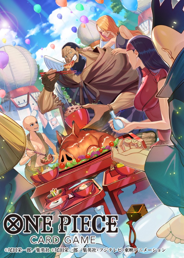 bald bashikou beard black_hair bottle bowl brown_cape cape chopsticks cloud commentary_request copyright_name dutch_angle earrings eating facial_hair fingerless_gloves gloves hairband holding holding_bowl holding_chopsticks holding_spoon jewelry long_hair official_art one_piece one_piece_card_game orange_hair people sake_bottle short_hair short_sleeves smile spoon urouge white_wings wings