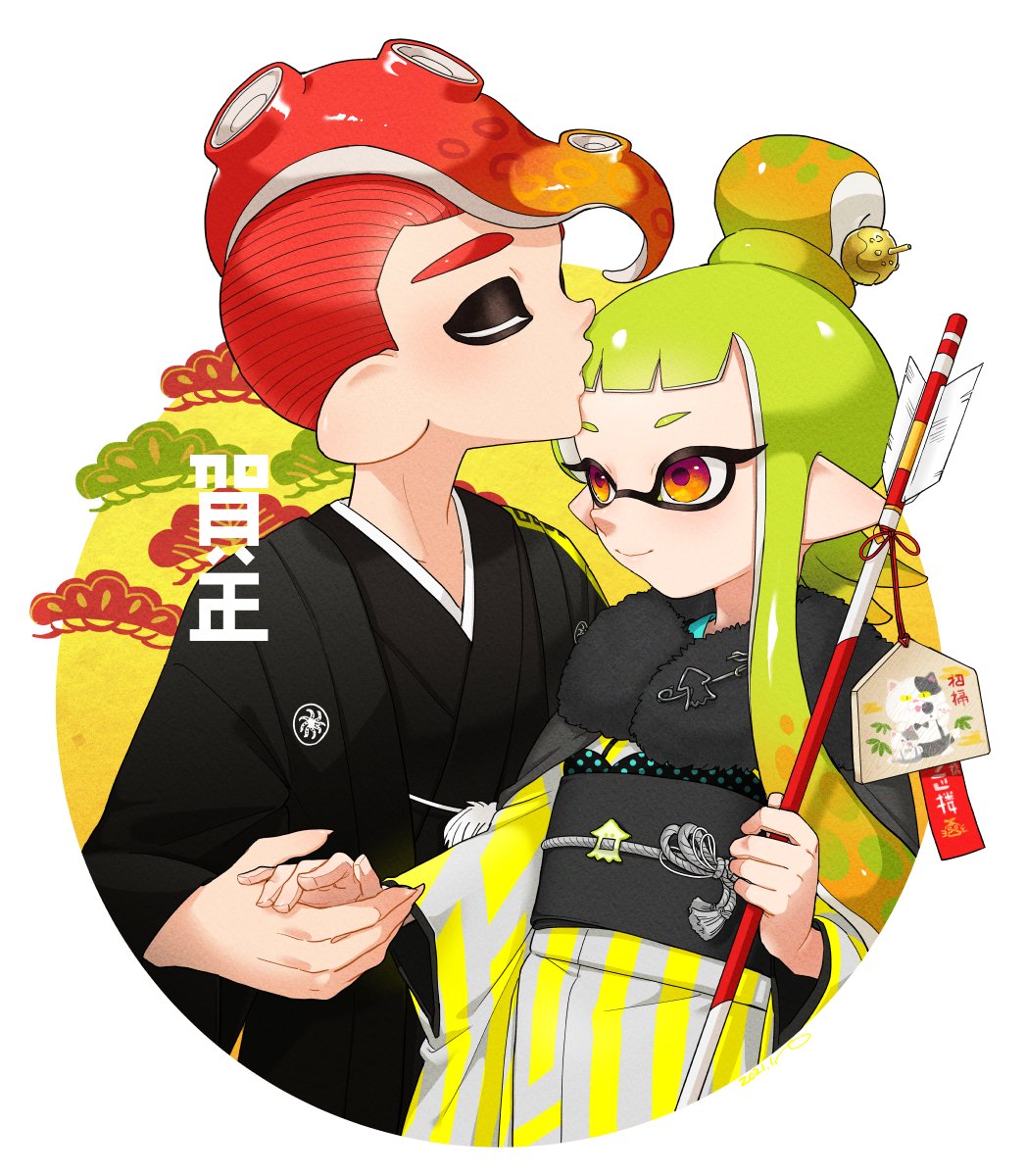 1boy 1girl alternate_hairstyle arrow_(projectile) black_kimono closed_eyes closed_mouth commentary couple ema emblem fur_scarf furisode gradient_hair green_hair hair_bun hair_ornament hair_up hairpin hamaya happy_new_year hetero highres holding holding_arrow inkling inkling_girl inkling_player_character japanese_clothes judd_(splatoon) kimono kiss kissing_forehead long_hair long_sleeves looking_at_another makeup mascara mask mohawk multicolored_hair new_year nintendo obi octoling octoling_boy octoling_player_character pointy_ears red_eyes red_hair sash short_hair_with_long_locks single_hair_bun smile splatoon_(series) squid standing striped_clothes striped_kimono suction_cups tentacle_hair translated vertical-striped_clothes vertical-striped_kimono wide_sleeves yellow_kimono yeneny