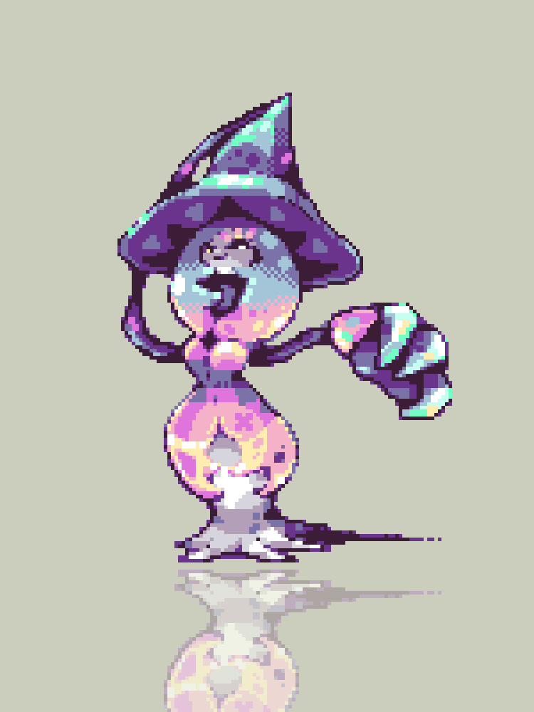 claws closed_mouth colored_skin commentary gen_8_pokemon grey_background hat hatterene nintendo pixel_art pokemon pokemon_(creature) reflection robin_(pixelated_robin) simple_background smile white_skin