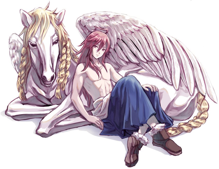 1boy abs ahoge alternate_hairstyle fire_emblem fire_emblem_fates hair_down male_focus nintendo pectorals pegasus red_hair subaki_(fire_emblem) topless_male yoneko
