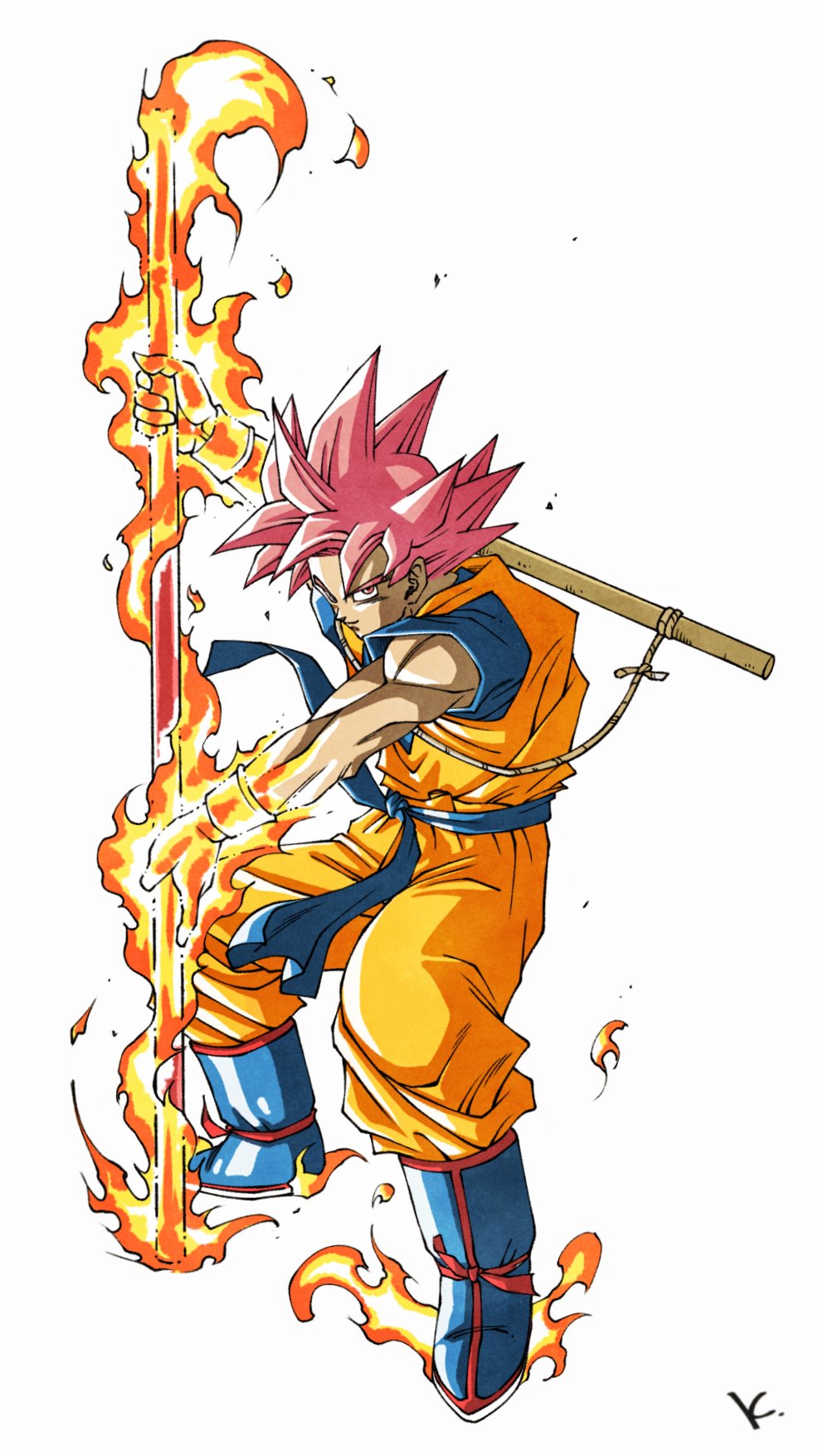 1boy blue_boots blue_sash blue_shirt boots dougi dragon_ball dragon_ball_super flaming_hand full_body highres holding holding_staff kakeru_(dbskakeru) male_focus medium_hair orange_pants orange_shirt pants red_eyes red_hair ruyi_jingu_bang sash shirt simple_background solo son_goku spiked_hair staff super_saiyan super_saiyan_god white_background