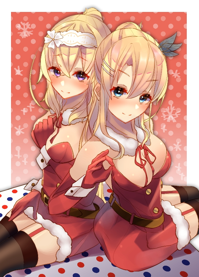 2girls blonde_hair blue_eyes blush bow breasts christmas christmas_dress cosplay dress duke_of_york_(warship_girls_r) hair_bow hair_ribbon hairband long_hair looking_at_viewer multiple_girls purple_eyes ribbon santa_costume santa_dress saratoga_(warship_girls_r) simple_background small_breasts smile tight_clothes tokiha_suzumiya warship_girls_r