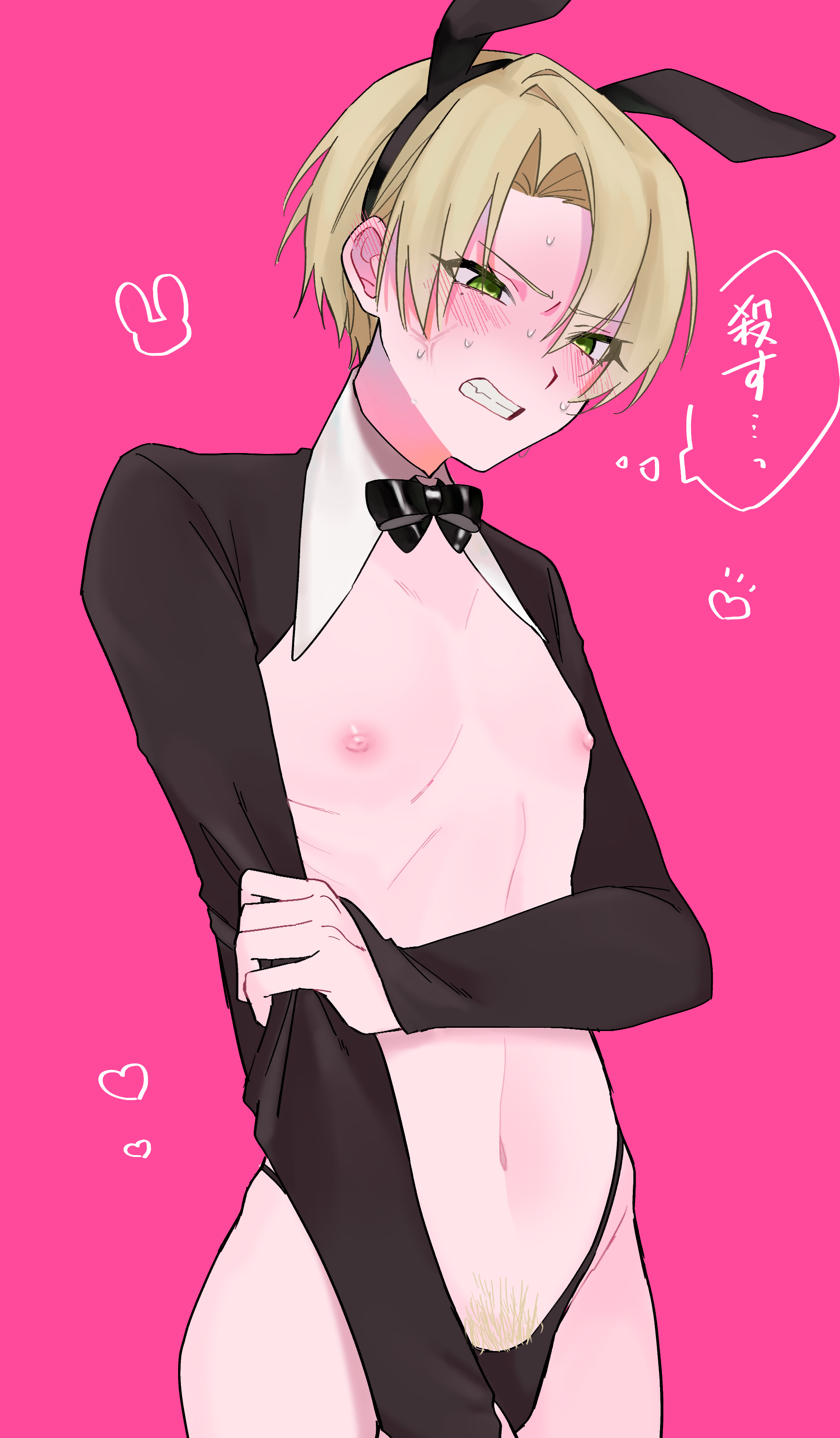 1boy absurdres alfred_(fire_emblem) angry black_bow black_bowtie blonde_hair blush bow bowtie clenched_teeth crossdressing embarrassed fire_emblem fire_emblem_engage green_eyes highres male_pubic_hair meme_attire navel nintendo nipples pubic_hair pubic_hair_peek reverse_bunnysuit reverse_outfit rororotsu solo speech_bubble stomach teeth translation_request