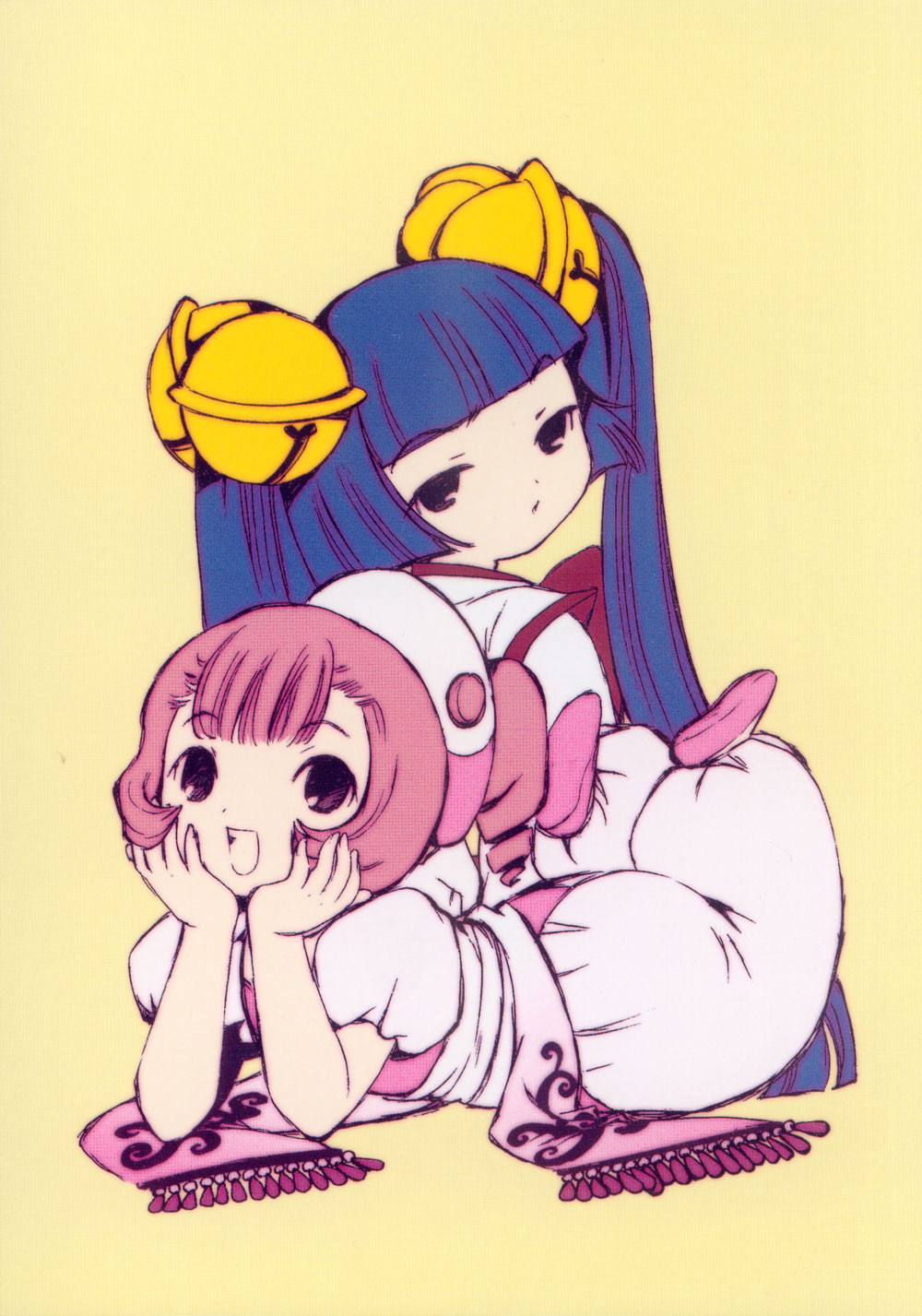 00s 2002 2girls blue_hair chobits clamp closed_mouth highres kotoko_(chobits) long_hair lying multiple_girls official_art open_mouth pink_hair pinup_(style) postcard_(medium) sitting sumomo_(chobits)