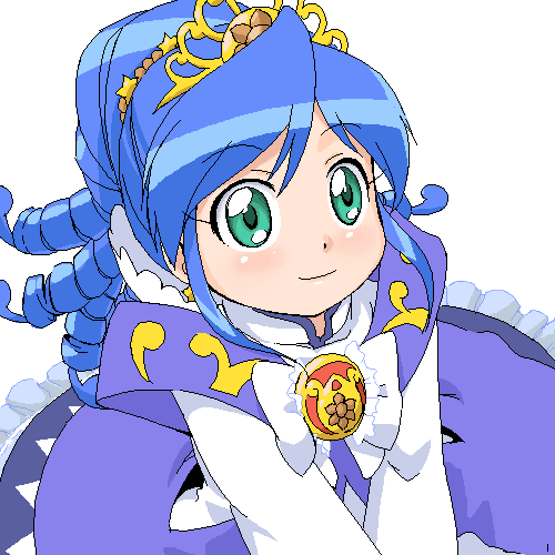 00s 1girl bent_over blue_hair crown dress drill_hair female_focus fushigiboshi_no_futago_hime green_eyes hat long_hair lowres oekaki rein_(futagohime) rein_(prominence_dress_up)_(futagohime) ribbon smile solo tiara youkan