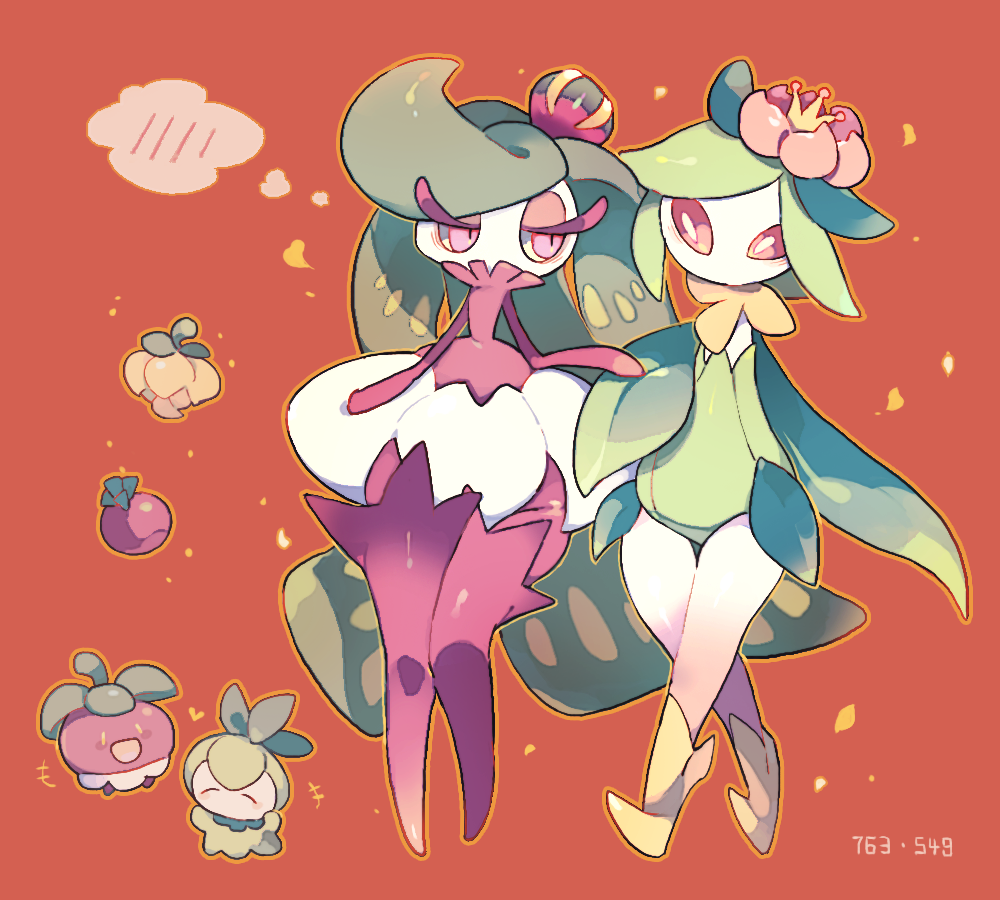 2girls ^_^ age_progression akadako bags_under_eyes berry_(pokemon) boots bounsweet closed_eyes colored_sclera colored_skin crown eye_contact female_focus flat_chest flower full_body gen_5_pokemon gen_7_pokemon green_hair green_leotard hair_flower hair_ornament half-closed_eyes hand_up happy heart hisuian_lilligant holding_hands hopo_berry interspecies legs leotard long_hair looking_at_another looking_to_the_side magost_berry mini_crown monster_girl multicolored_skin multiple_girls multiple_views nintendo no_mouth open_mouth orange_flower orange_outline outline petilil pink_eyes plant_girl pokedex_number pokemon pokemon_(creature) purple_boots purple_skin red_background red_sclera shoes short_hair sidelocks smile speech_bubble spoken_blush standing swept_bangs thigh_boots thought_bubble tsareena two-tone_skin very_long_hair walking white_eyes white_skin yellow_crown yellow_eyes yellow_shoes yuri
