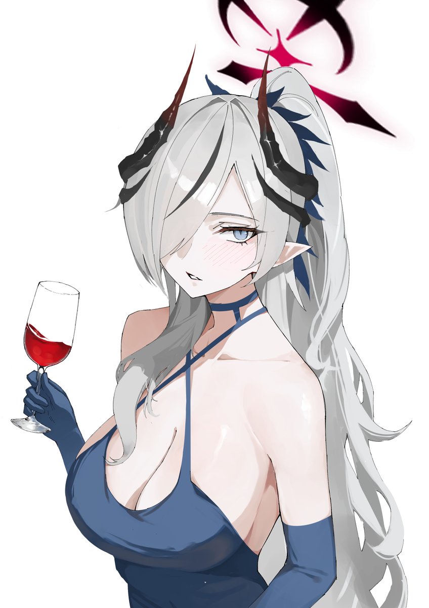 1girl black_halo black_horns blue_archive criss-cross_halter demon_horns djan dress elbow_gloves gloves gradient_horns halo halter_dress halterneck highres horns makoto_(blue_archive) makoto_(dress)_(blue_archive) multicolored_horns multiple_horns official_alternate_costume pointy_ears red_halo simple_background solo upper_body white_background