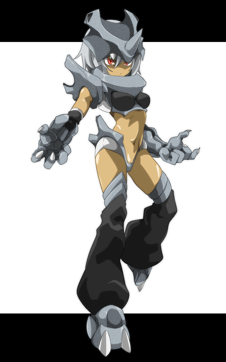 1girl angry armor bikini bikini_armor black_bikini black_socks breasts claws gen_1_pokemon gloves grey_armor grey_bikini grey_footwear grey_gloves grey_headwear helmet highres horns kneehighs medium_breasts metal_gloves metal_shoes navel nintendo personification pokemon pokemon_rgby red_eyes rhyhorn shimaumayamada shoes shoulder_pads single_horn socks standing swimsuit white_background