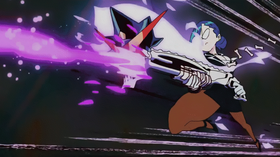 10s 1girl animated animated_gif blazer blue_hair bone business_suit closed_mouth firing folded_ponytail formal_clothes full_body glasses gloves gun hat high_heels holding jacket jewelry judgement_gun_morphing military_hat miniskirt non-web_source over_justice secretary_(uchuu_patrol_luluco) sexually_suggestive shell_casing shotgun skeleton skirt suit uchuu_patrol_luluco weapon