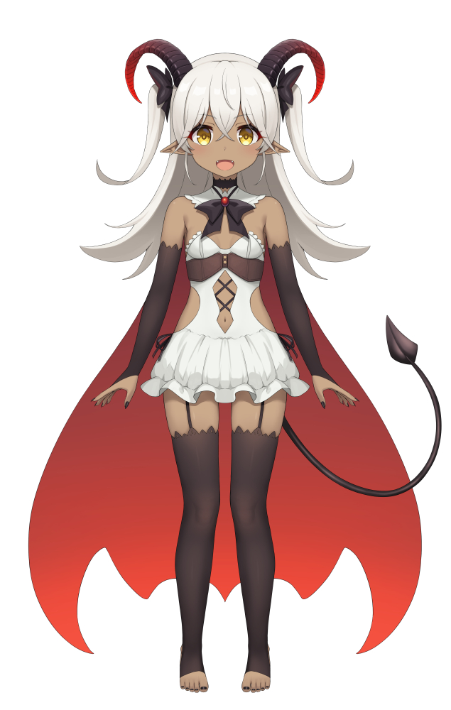 1girl :d bare_shoulders black_bow black_nails black_thighhighs bow bridal_gauntlets clothing_cutout commentary_request dark-skinned_female dark_skin demon_girl demon_horns demon_tail dress fangs frilled_dress frills full_body garter_straps hair_between_eyes hair_bow heijialan horns long_hair looking_at_viewer nail_polish navel navel_cutout no_shoes open_mouth original pointy_ears simple_background smile solo standing stirrup_legwear strapless strapless_dress tail thighhighs toeless_legwear toenail_polish toenails two_side_up white_background white_dress white_hair yellow_eyes