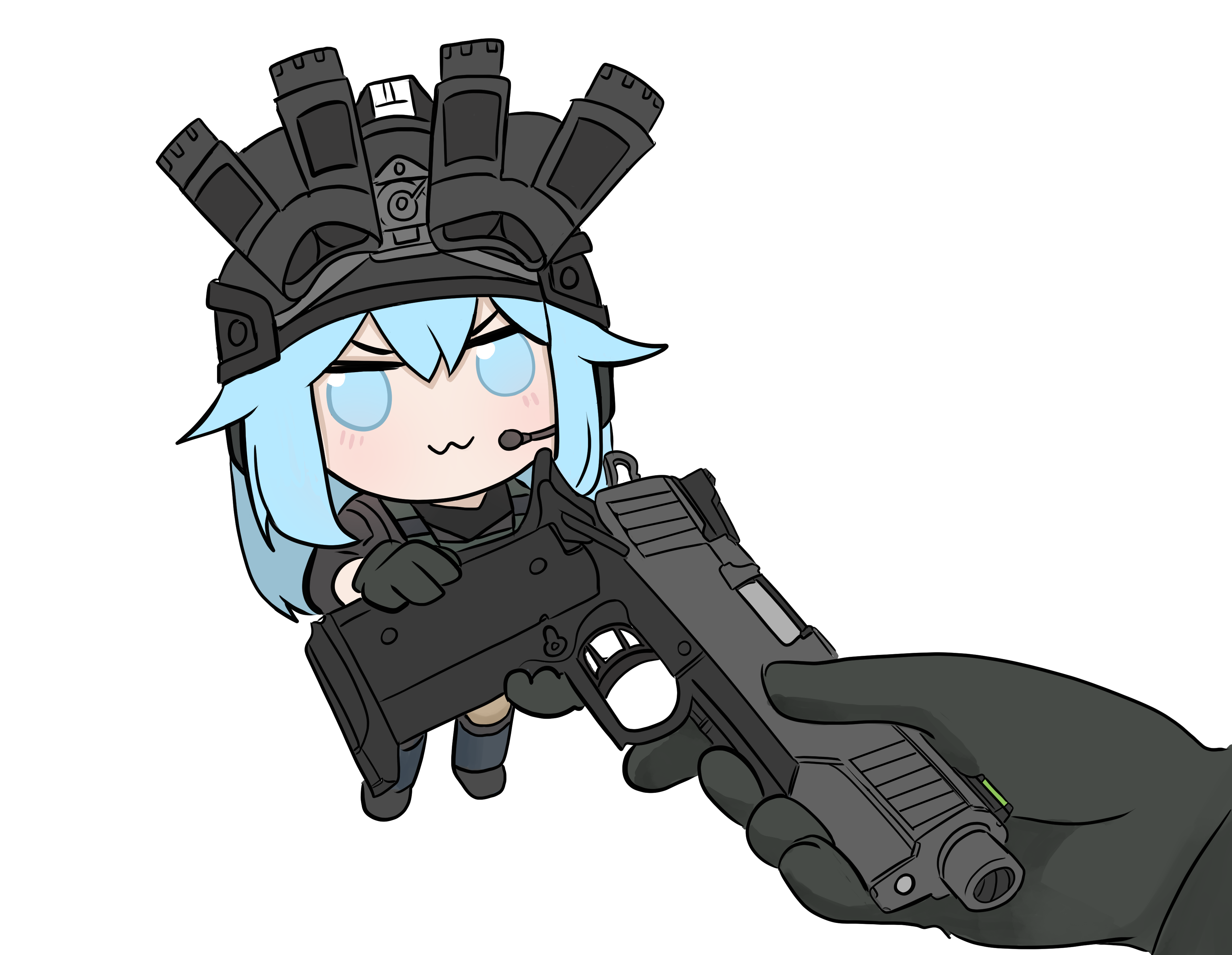 &gt;:) 1girl 1other :3 absurdres black_boots black_gloves black_helmet black_shirt blue_eyes blue_hair blue_pants boots bulletproof_vest chibi combat_helmet dated_commentary ear_protection fast_helmet fumo_(doll) giving gloves go_do_a_crime_(meme) gun handgun headset helmet highres holding holding_gun holding_weapon knee_pads load_bearing_vest long_hair meme night_vision_device original pants pixcy_(pixcy5) pov pov_hands shirt staccato_2011 transparent_background v-shaped_eyebrows weapon