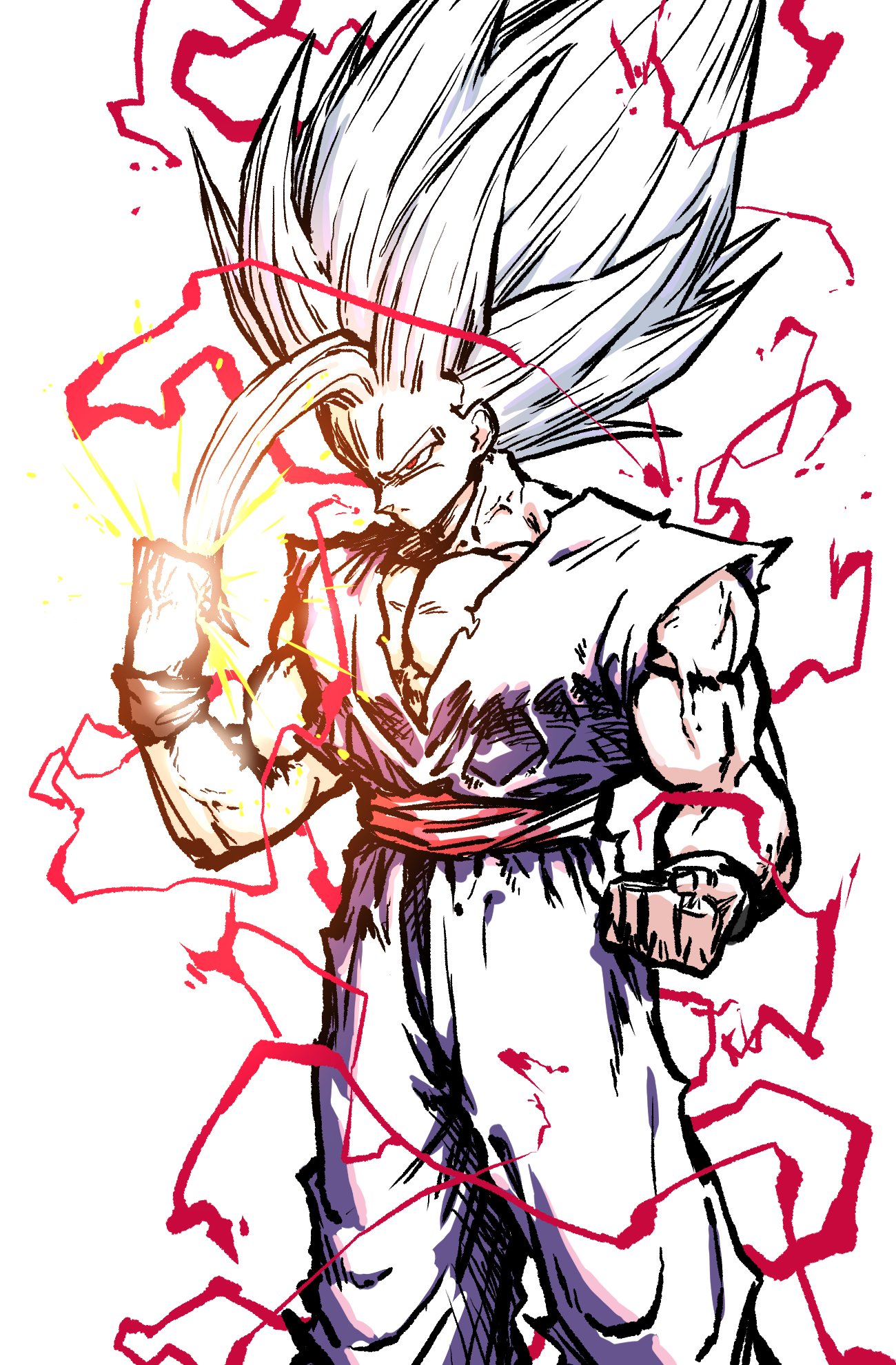 1boy bakarott dragon_ball dragon_ball_super dragon_ball_super_super_hero energy_fist fighting_stance gohan_beast highres lightning muscular muscular_male red_eyes serious sketch solo son_gohan spiked_hair white_background white_hair