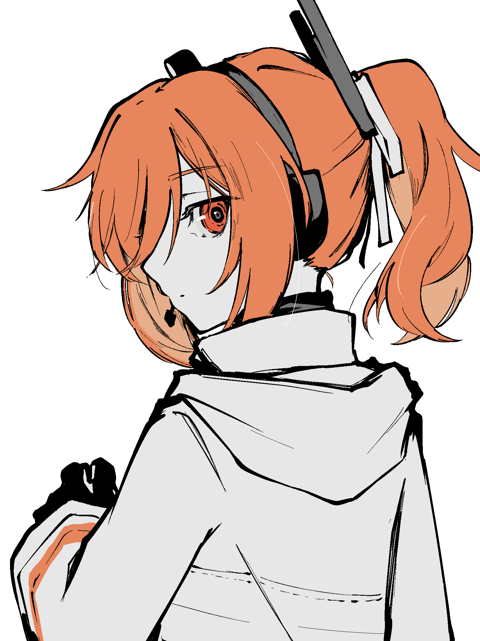 1girl a.i._voice adachi_rei alternate_hairstyle black_gloves closed_mouth colored_skin from_behind gloves hair_ribbon headphones headset highres hood hooded_jacket jacket long_sleeves looking_at_viewer looking_back microphone orange_eyes ponytail profile radio_antenna ribbon simple_background solo teckinder utau white_background white_jacket white_ribbon white_skin